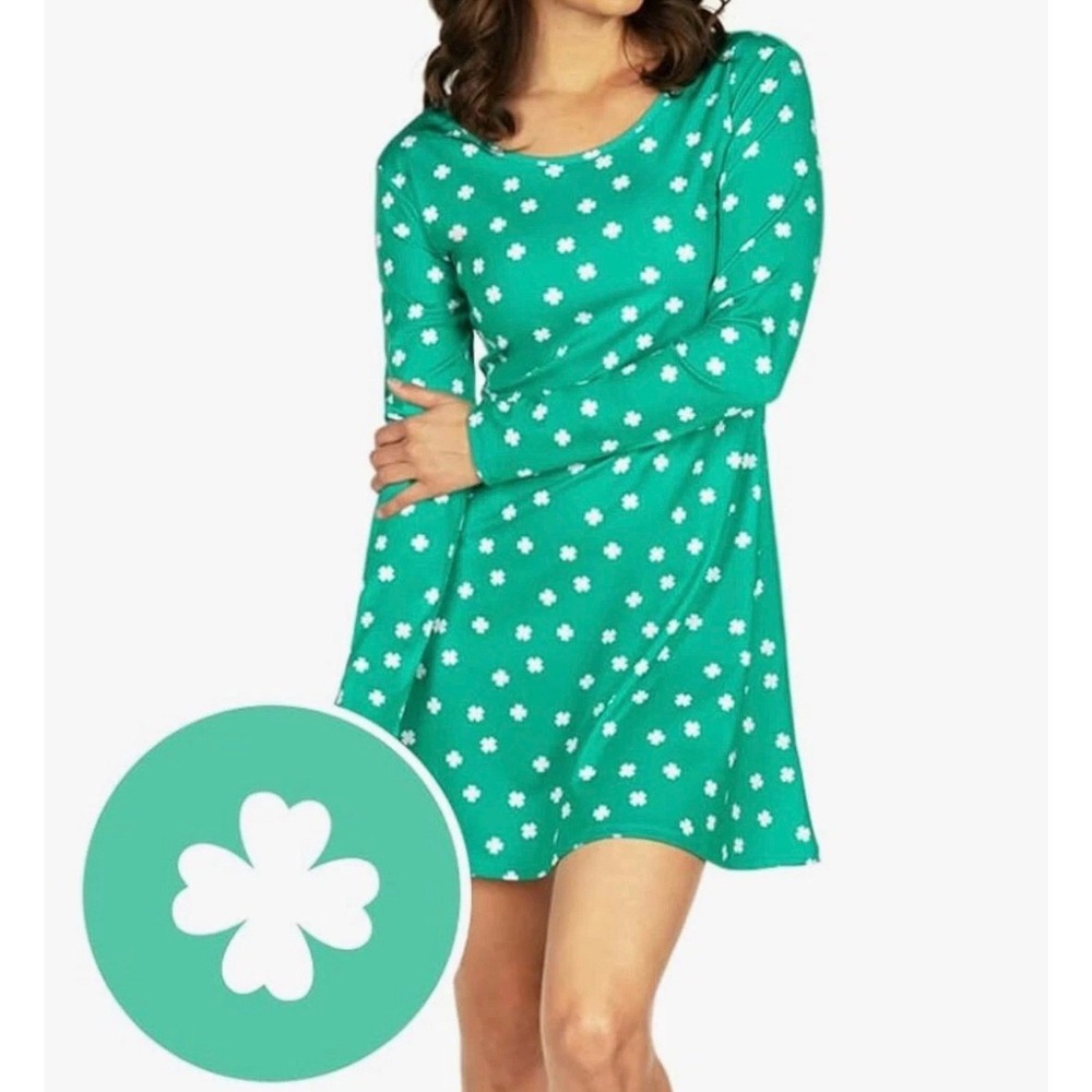 Tipsy Elves Green Four Leaf Clover Long Sleeve Skater Mini Dress XS st Patrick